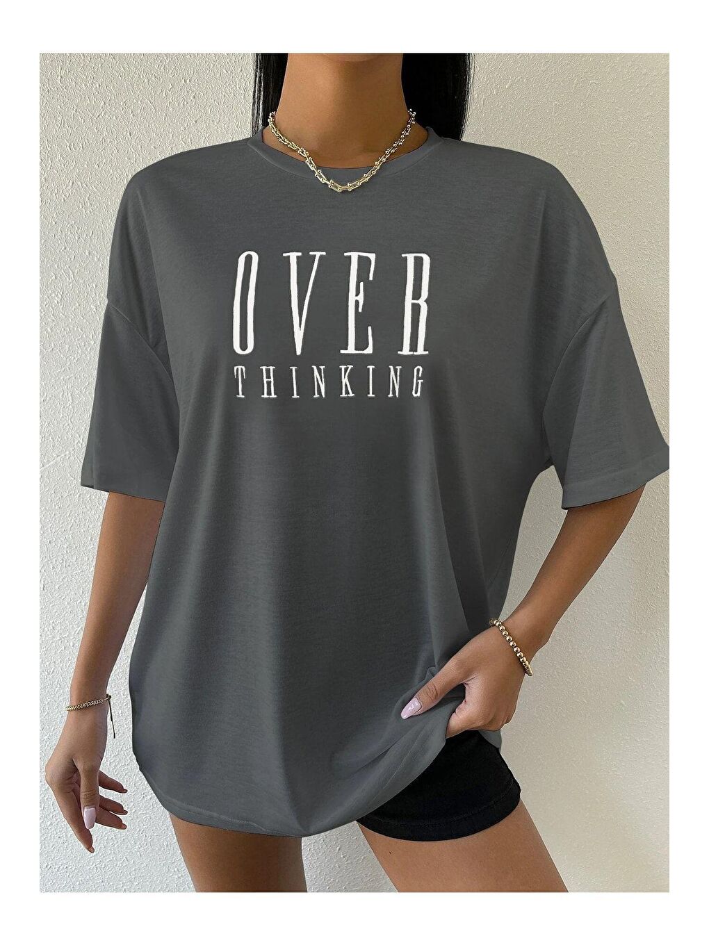 Trendseninle Füme Kadın Füme Over Thinking Baskılı Oversize T-shirt