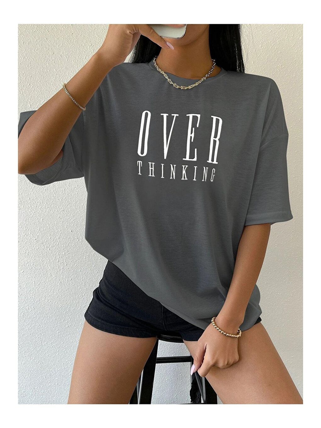 Trendseninle Füme Kadın Füme Over Thinking Baskılı Oversize T-shirt - 2