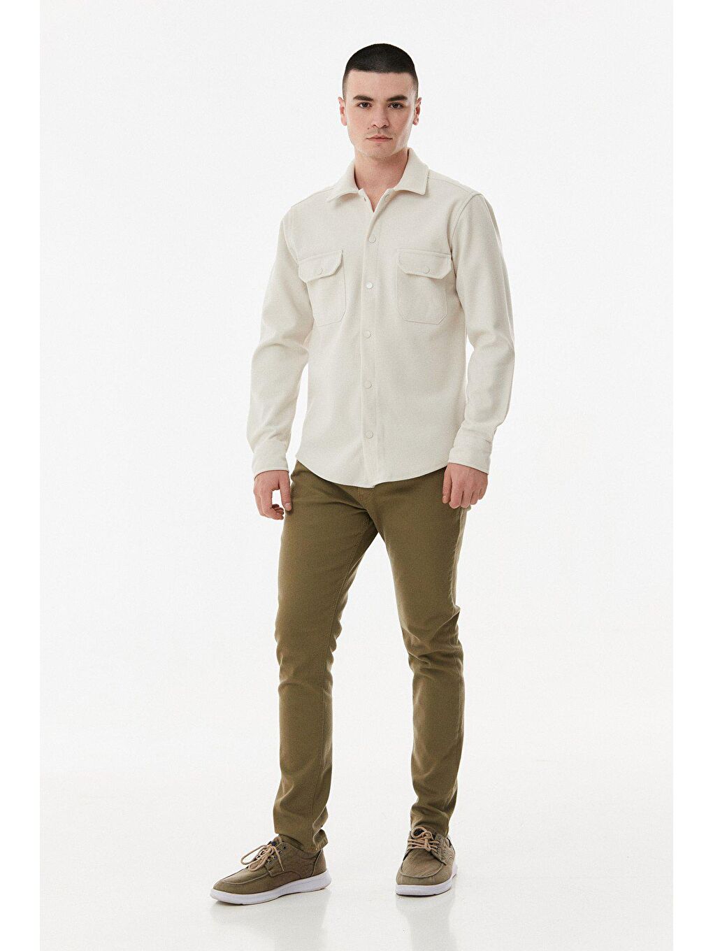 Ekru Çıt Çıtlı Çift Cepli Gömlek-1