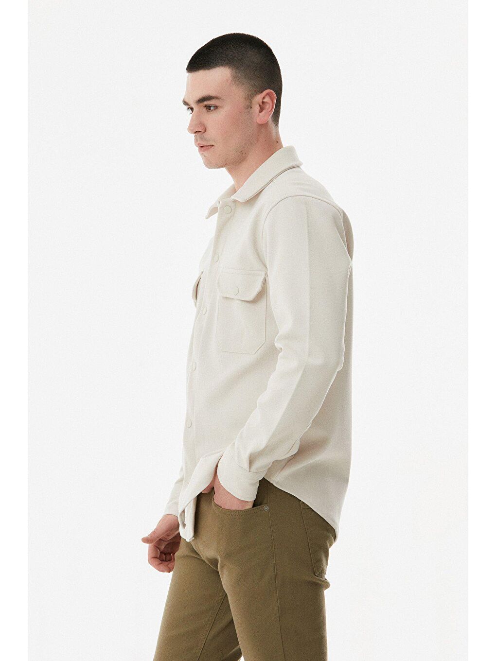 Ekru Çıt Çıtlı Çift Cepli Gömlek-2
