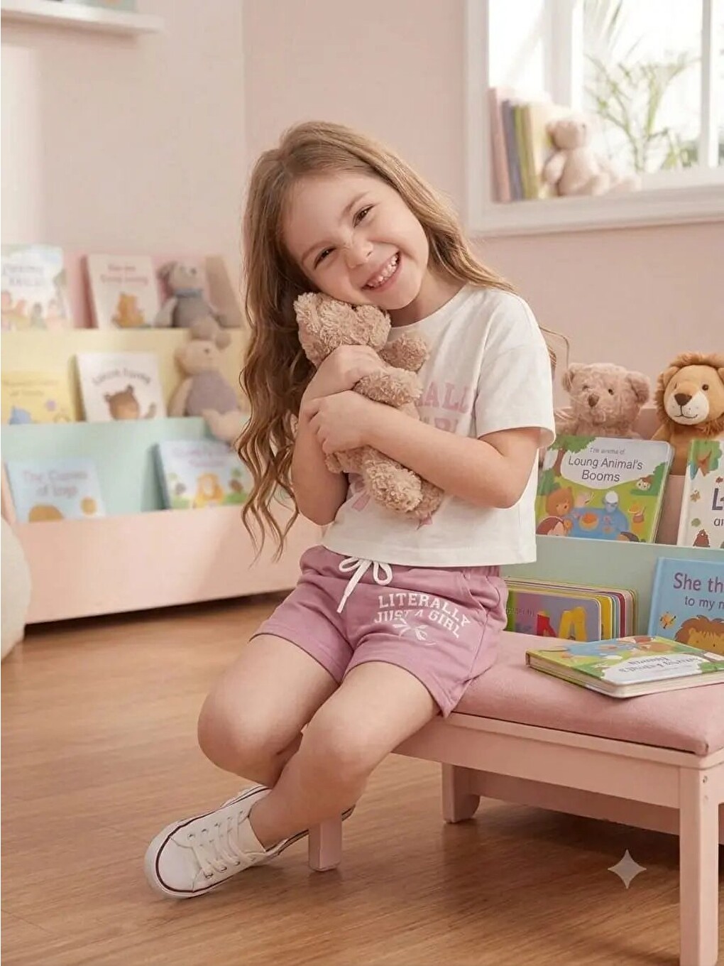 Pembe Desenli Şortlu Kız Çocuk Takım 202601-3