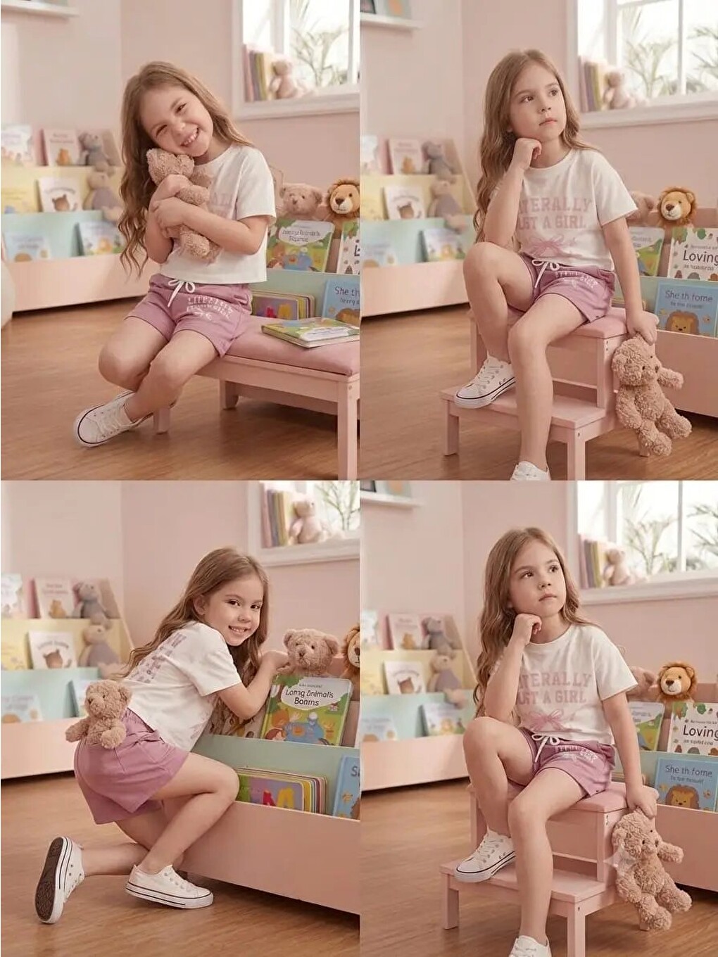 Pembe Desenli Şortlu Kız Çocuk Takım 202601-4