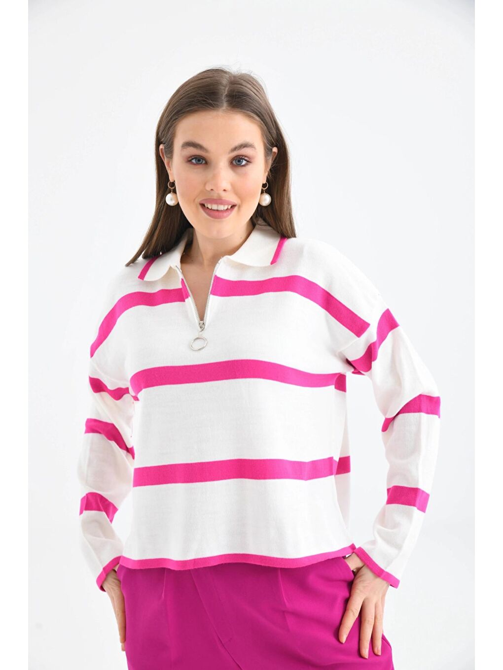 Fuşya Polo Yaka Fermuarlı Çizgil Salaş Mevsimlik Kısa Triko Kazak-1