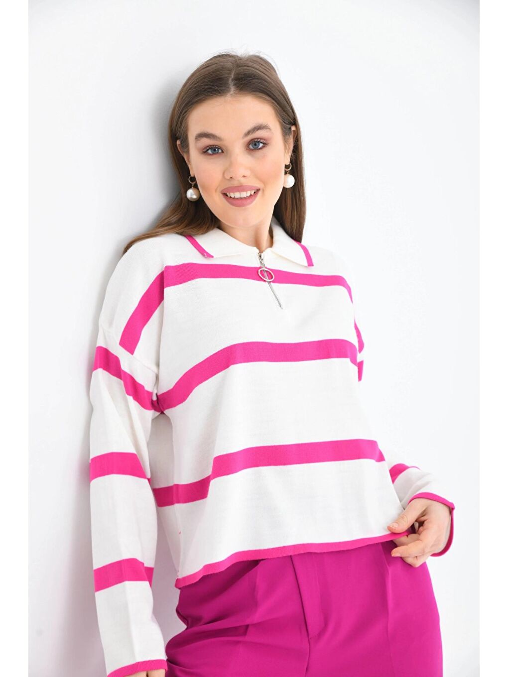Fuşya Polo Yaka Fermuarlı Çizgil Salaş Mevsimlik Kısa Triko Kazak-2
