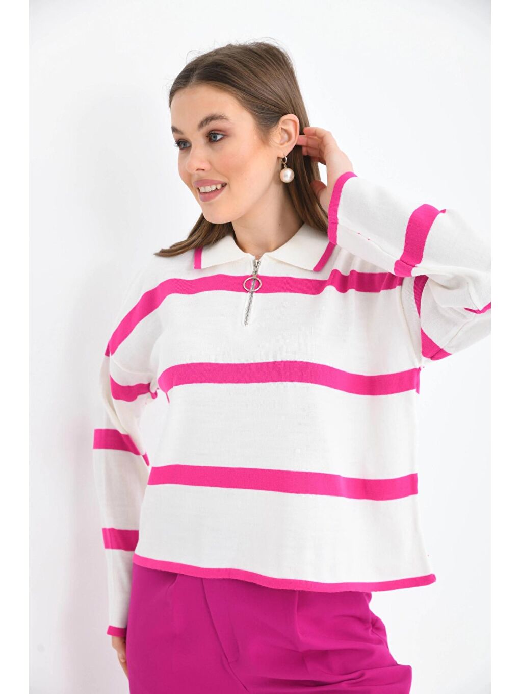 Fuşya Polo Yaka Fermuarlı Çizgil Salaş Mevsimlik Kısa Triko Kazak-3