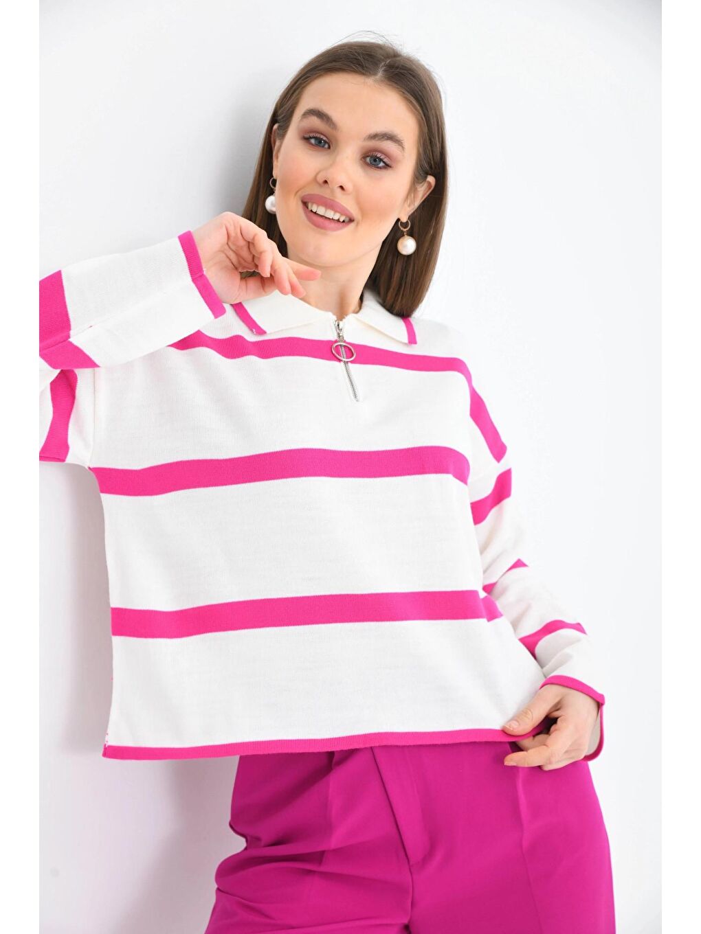 Fuşya Polo Yaka Fermuarlı Çizgil Salaş Mevsimlik Kısa Triko Kazak-4