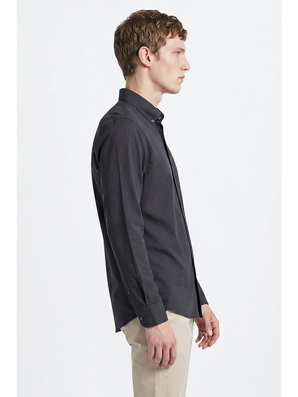 Erkek Lacivert Tailored Slim Fit Dar Kesim Düğmeli Yaka Gofre Desenli Travel Gömlek-2