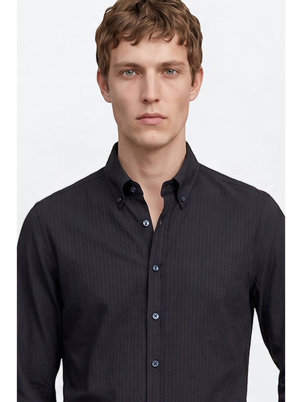 Erkek Lacivert Tailored Slim Fit Dar Kesim Düğmeli Yaka Gofre Desenli Travel Gömlek-3