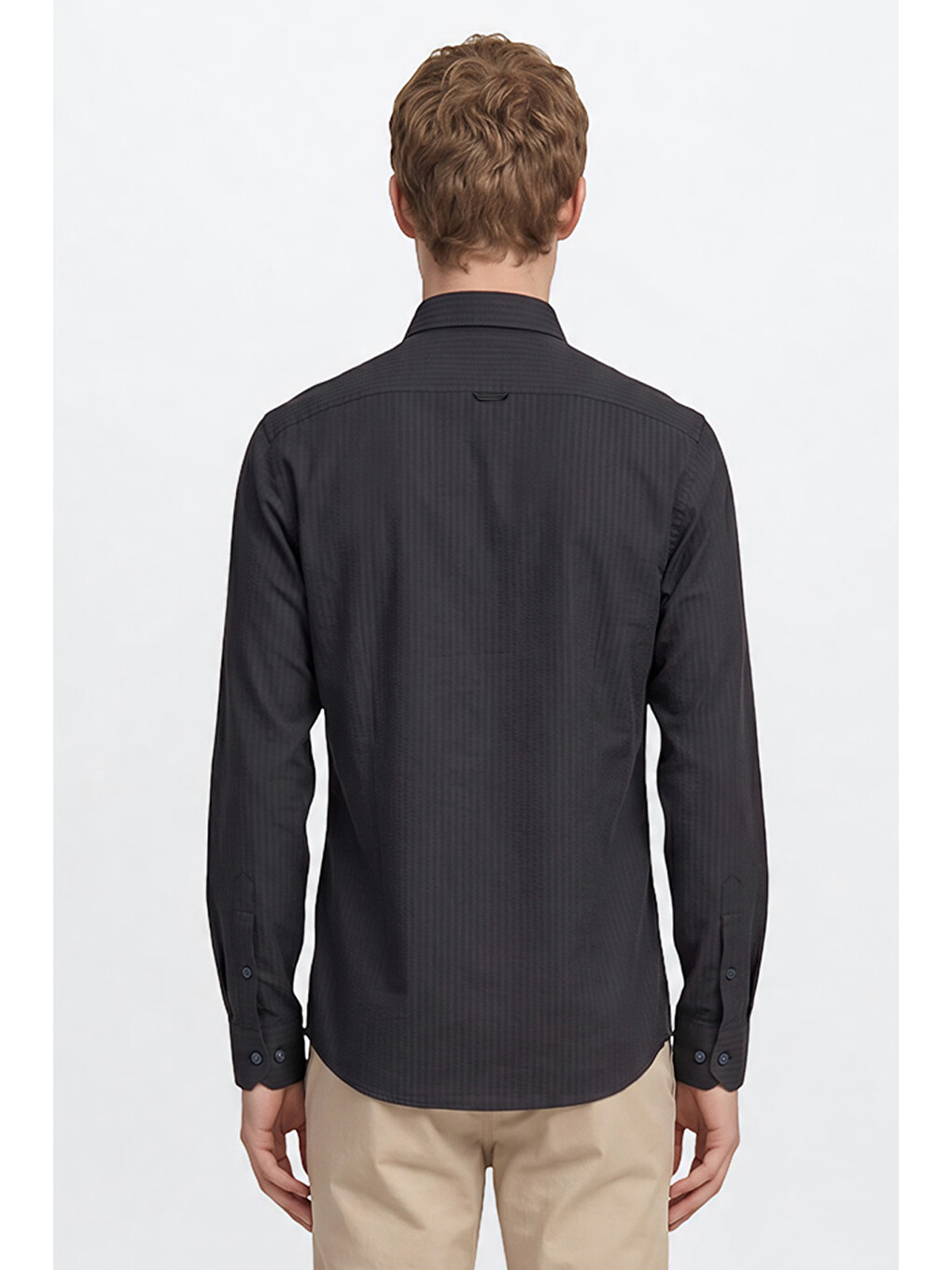 Erkek Lacivert Tailored Slim Fit Dar Kesim Düğmeli Yaka Gofre Desenli Travel Gömlek-4