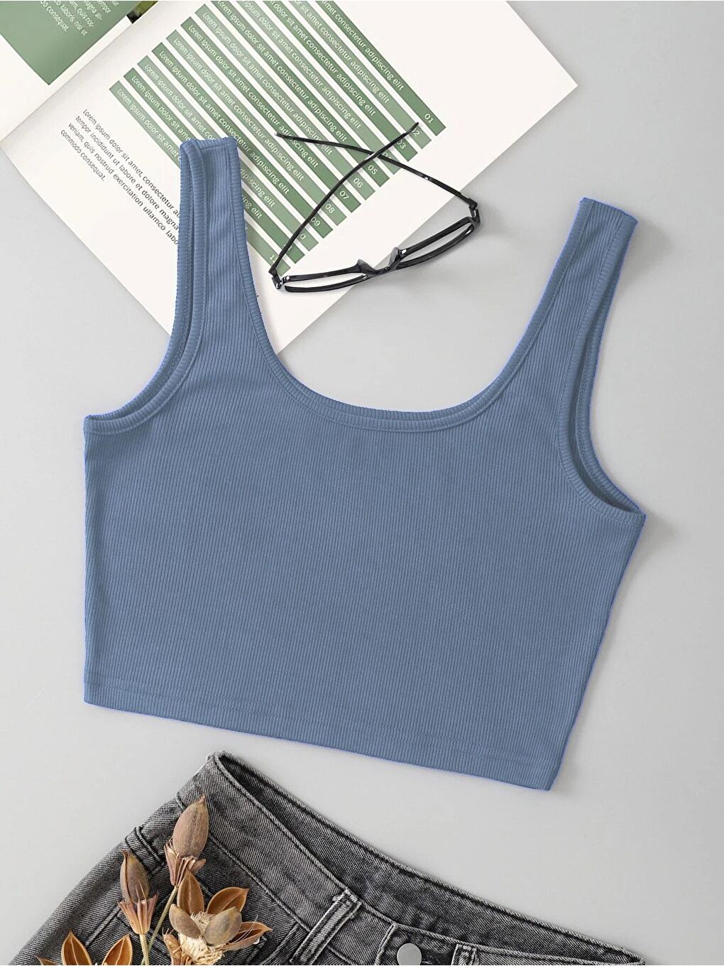 Kadın Bebe Mavisi Askılı Crop Top Bluz