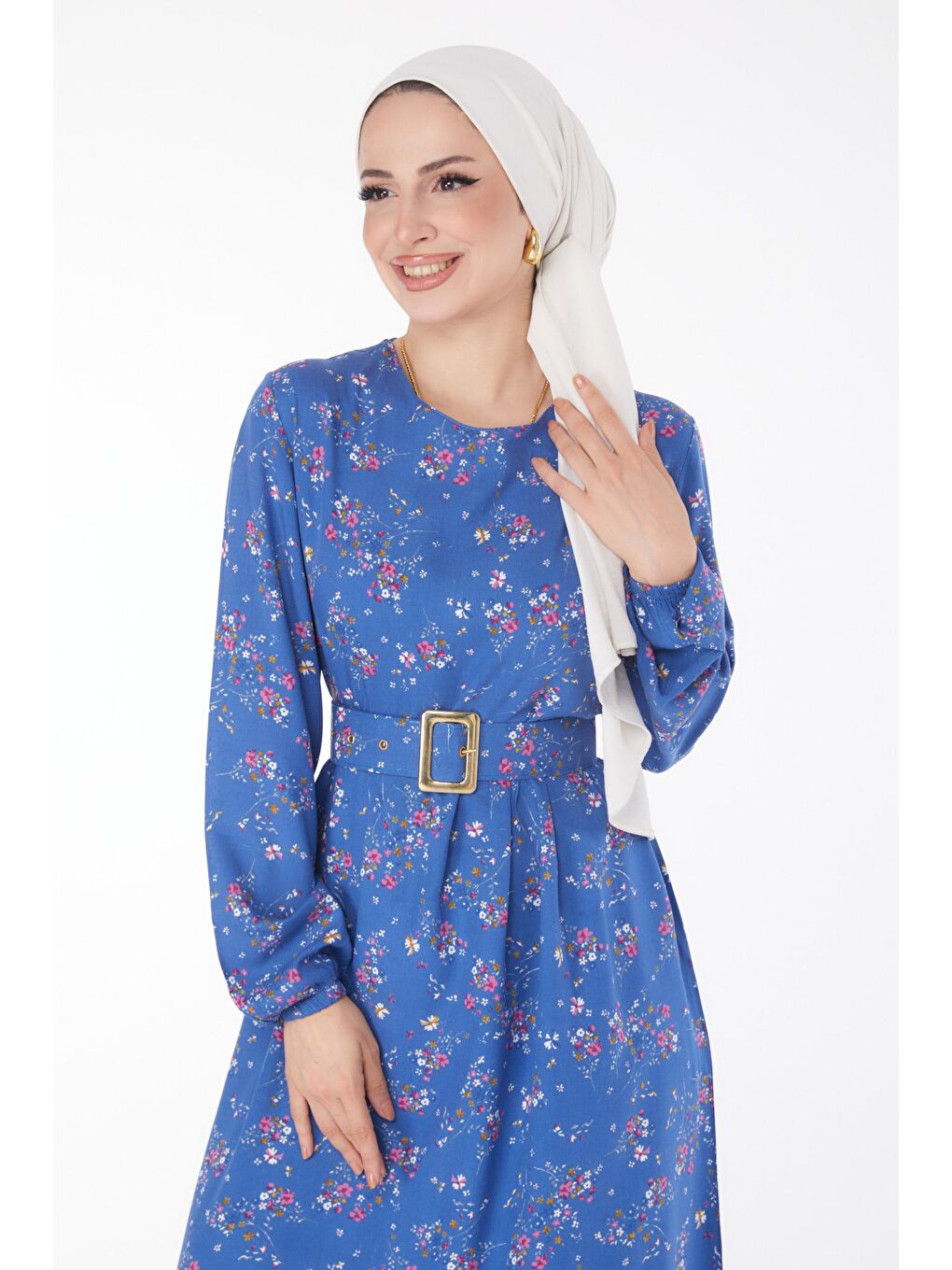 Bisiklet Yaka Kadın Mavi Çicek Desenli Elbise - 25706-1