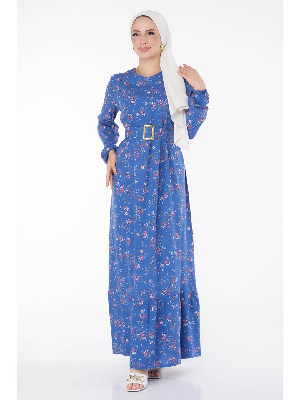 Bisiklet Yaka Kadın Mavi Çicek Desenli Elbise - 25706-2