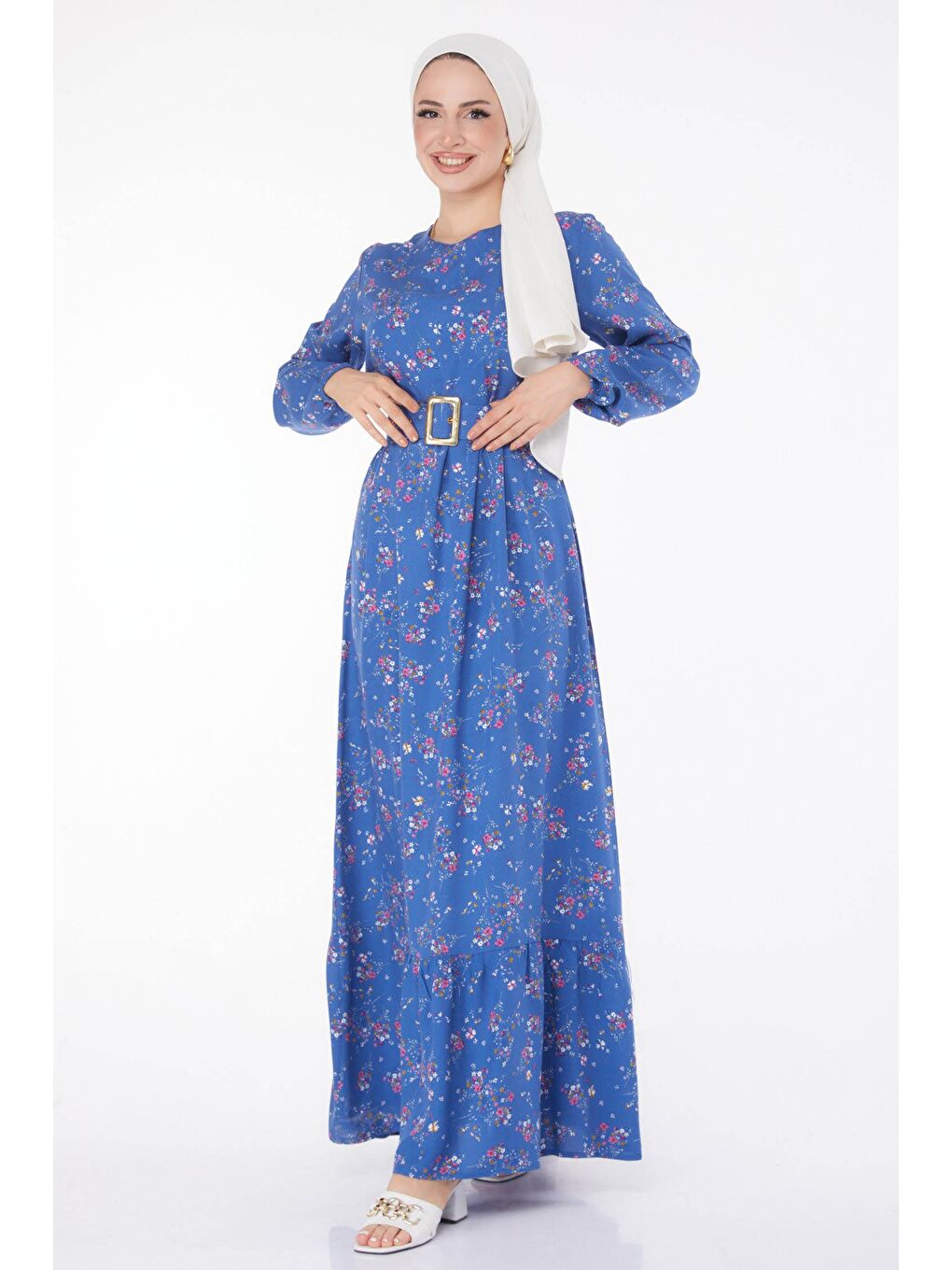Bisiklet Yaka Kadın Mavi Çicek Desenli Elbise - 25706-3