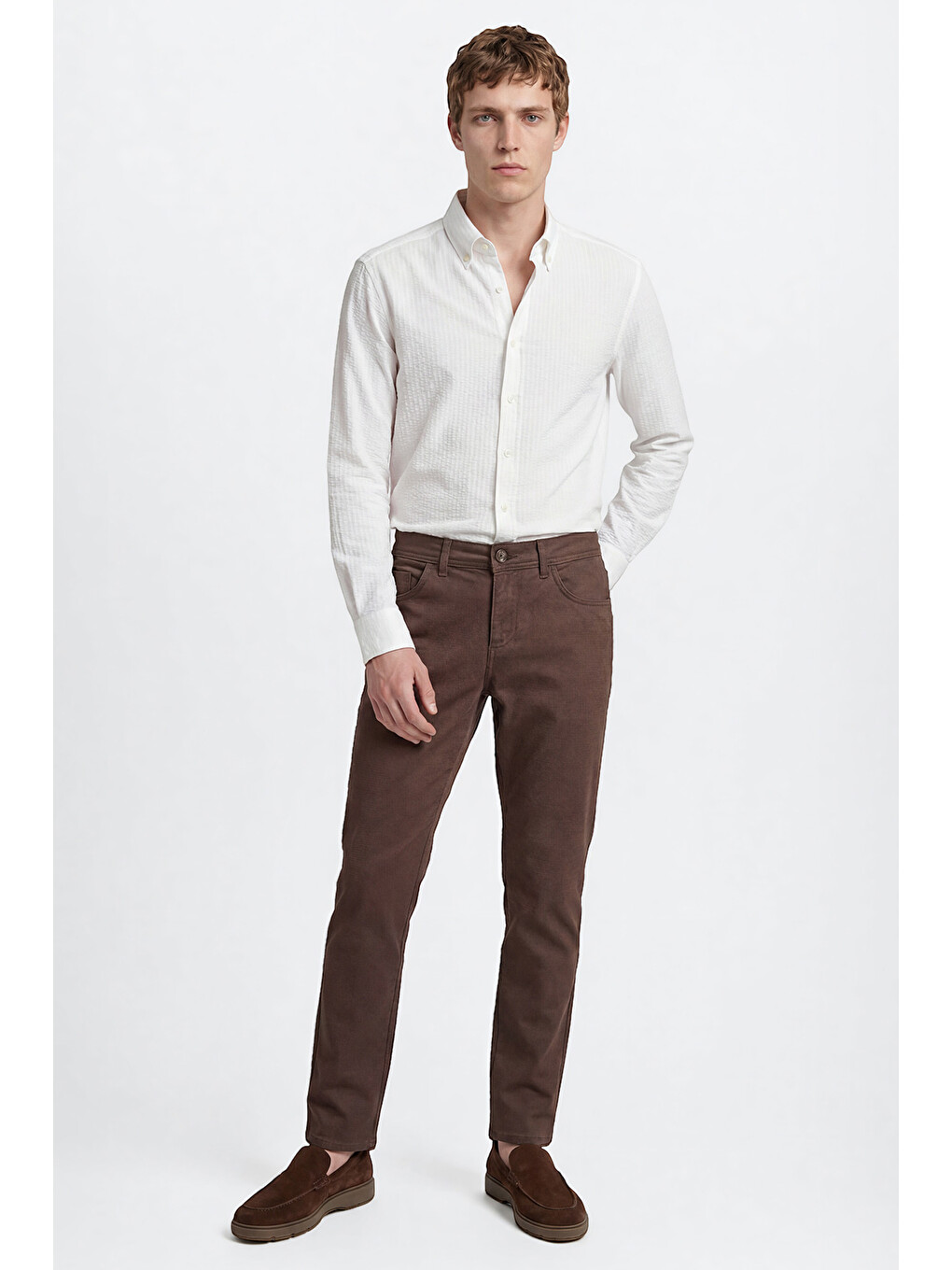 Erkek Beyaz Tailored Slim Fit Dar Kesim Düğmeli Yaka Gofre Desenli Travel Gömlek-2