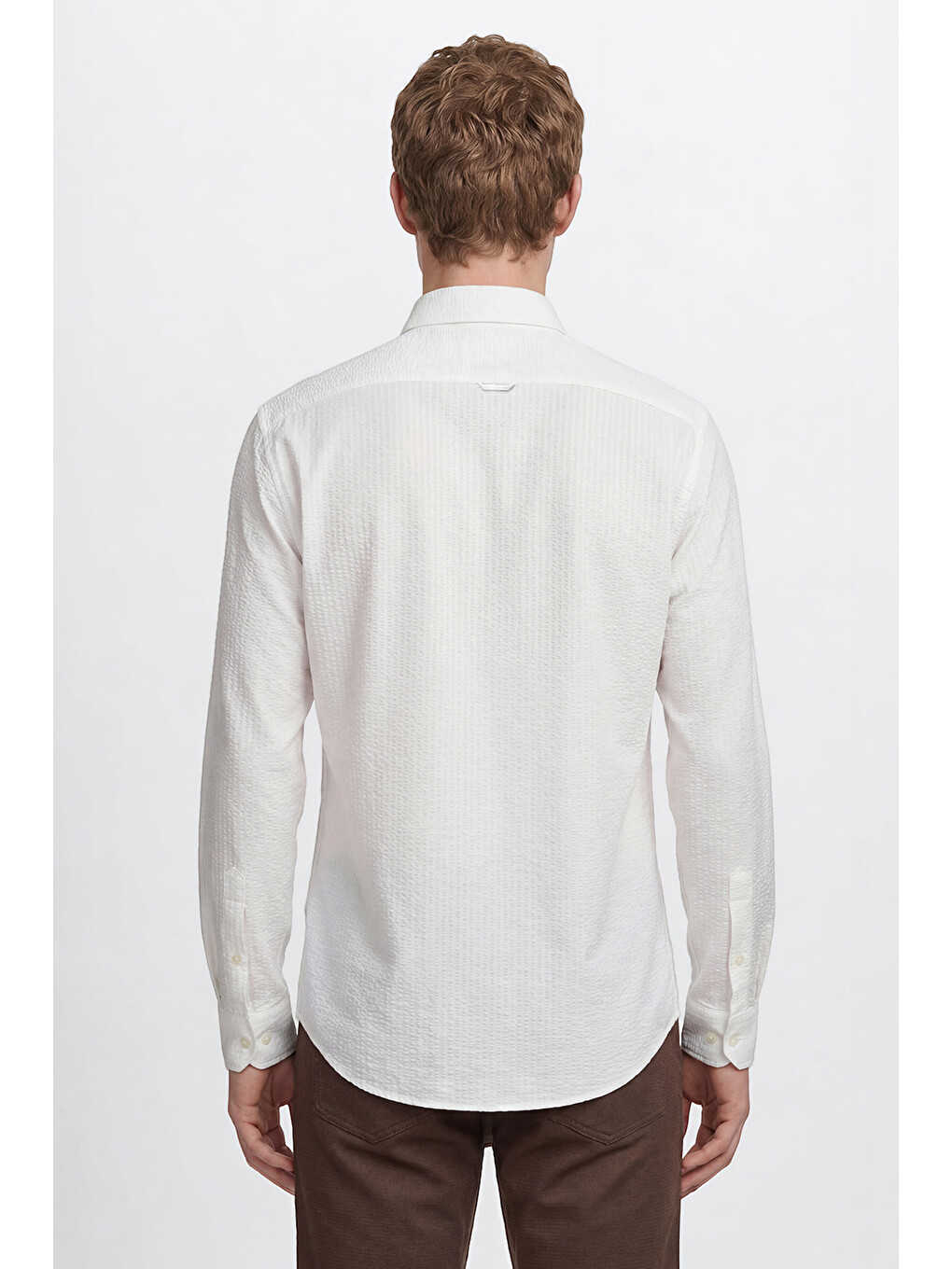 Erkek Beyaz Tailored Slim Fit Dar Kesim Düğmeli Yaka Gofre Desenli Travel Gömlek-4