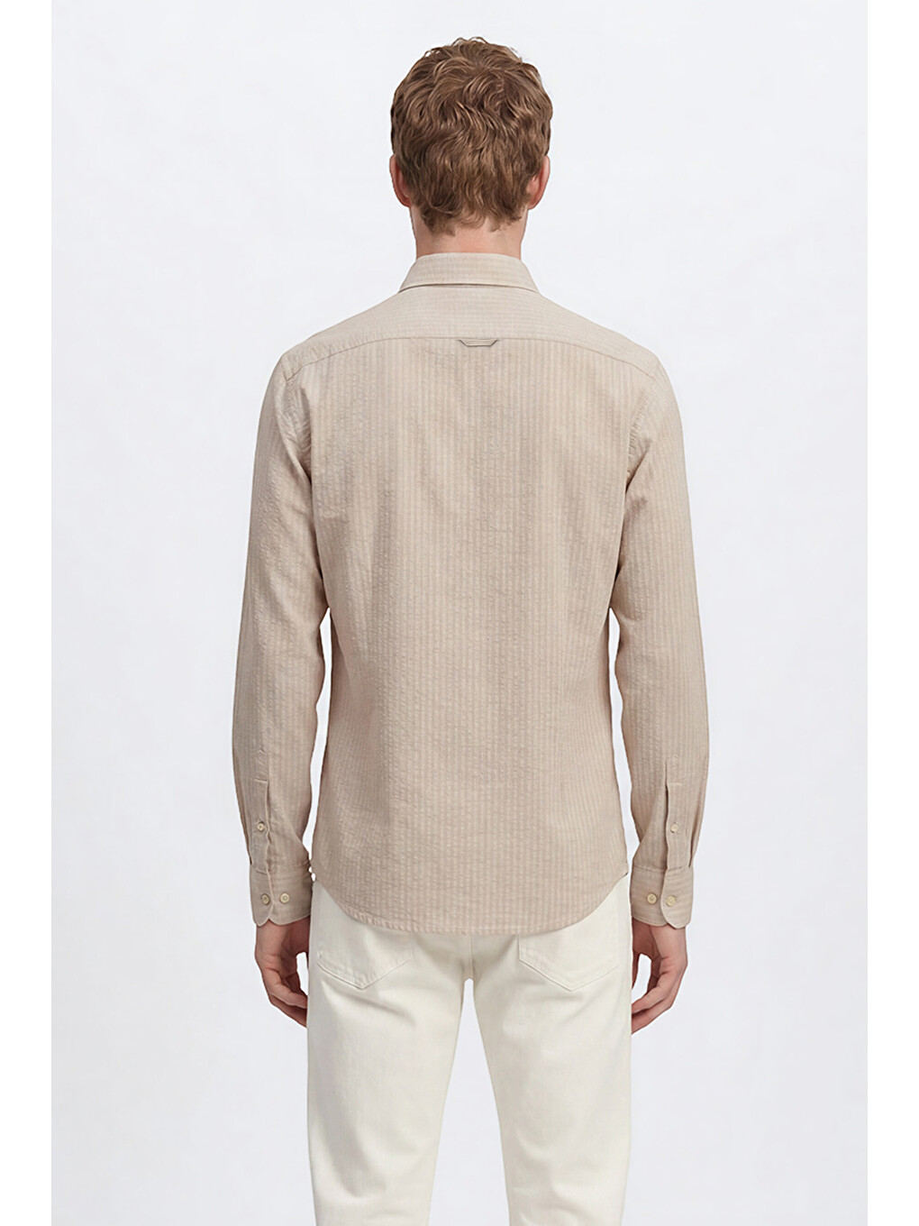 Erkek Bej Tailored Slim Fit Dar Kesim Düğmeli Yaka Gofre Desenli Travel Gömlek-4