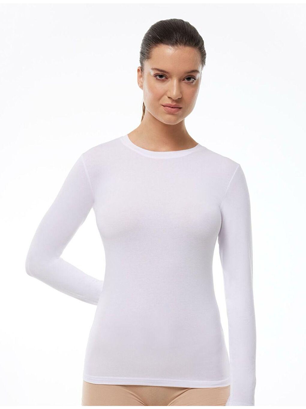 3'lü Kadın Beyaz Pamuklu Uzun Kol Elastan Body