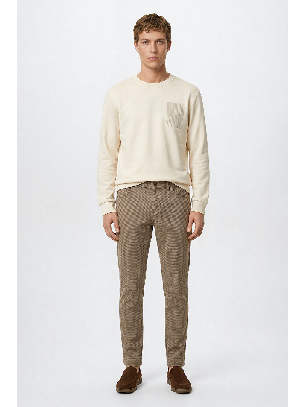 Bej Erkek Vizon Pamuklu Slim Fit Dar Kesim Armürlü 5 Cepli Esnek Pantolon