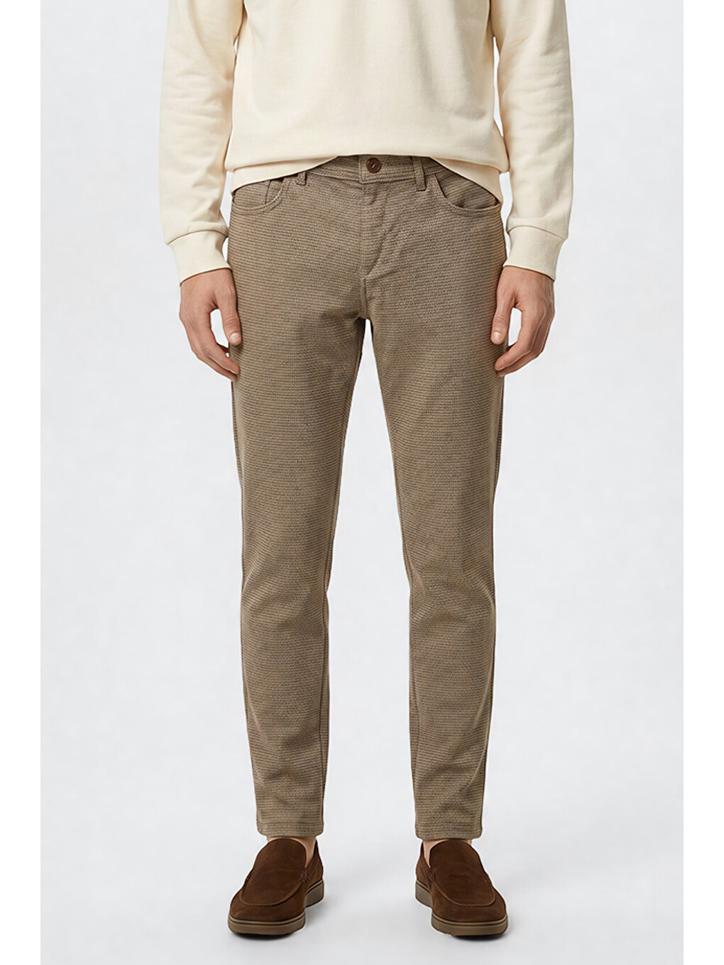 Bej Erkek Vizon Pamuklu Slim Fit Dar Kesim Armürlü 5 Cepli Esnek Pantolon-1