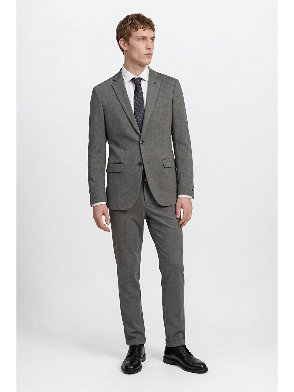 Erkek Gri Melanj 360 Her Yöne Esneyen Slim Fit Mono Yaka Beli Bağlamalı Takım Elbise-1