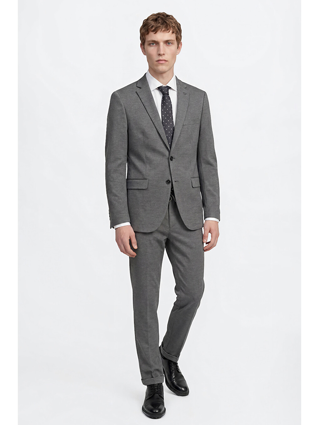 Erkek Gri Melanj 360 Her Yöne Esneyen Slim Fit Mono Yaka Beli Bağlamalı Takım Elbise-2