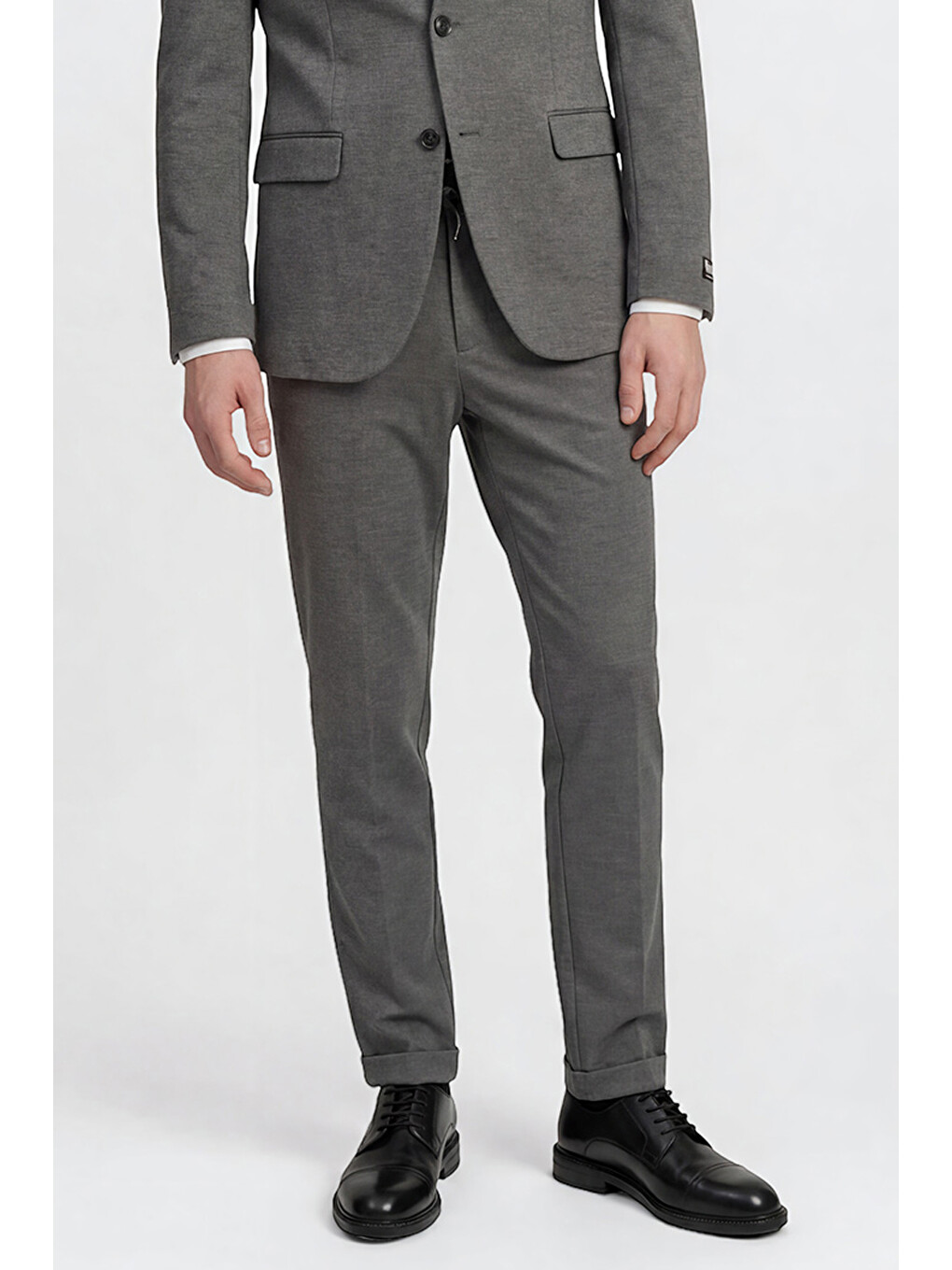 Erkek Gri Melanj 360 Her Yöne Esneyen Slim Fit Mono Yaka Beli Bağlamalı Takım Elbise-3