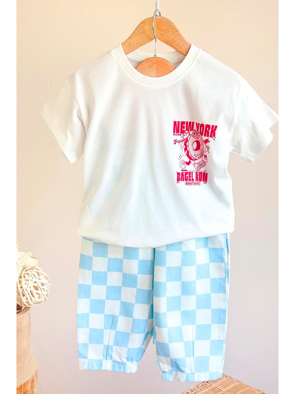 Unisex Çocuk Bisiklet Yaka Pamuklu Ekru Baskılı T-Shirt Ve Damalı Jean Alt Üst Takım-1