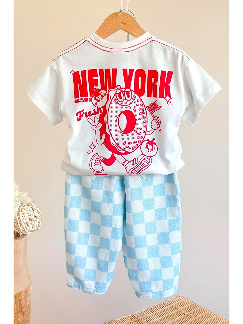 Unisex Çocuk Bisiklet Yaka Pamuklu Ekru Baskılı T-Shirt Ve Damalı Jean Alt Üst Takım-2