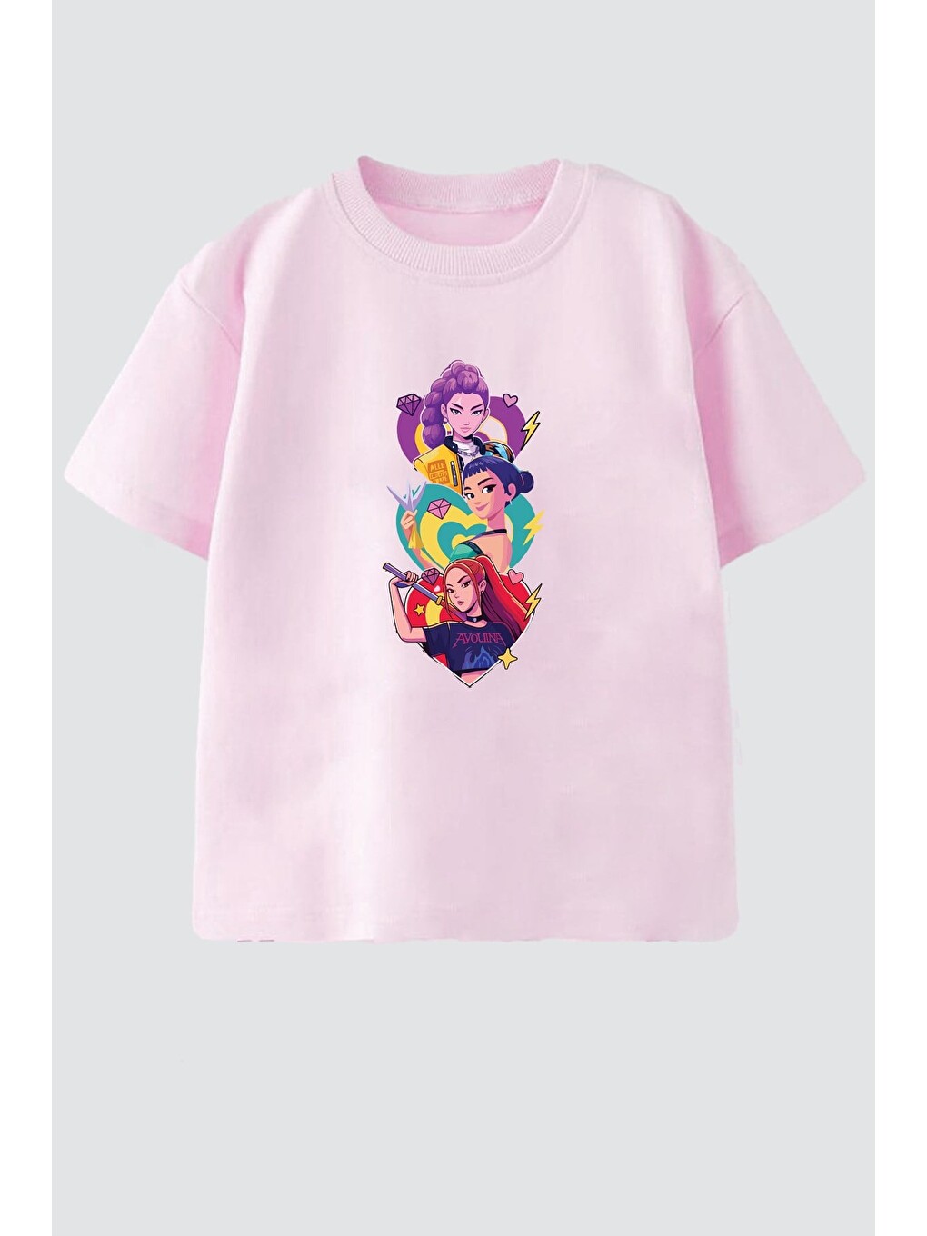 Pembe Kız Çocuk Pamuklu Bisiklet Yaka Huntrix Baskılı T-Shirt