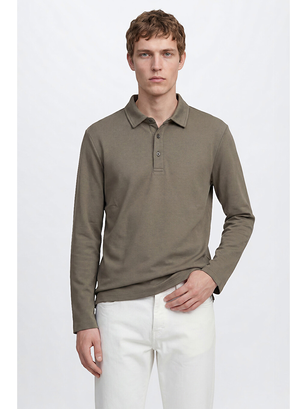 Erkek Haki Pamuklu Slim Fit Dar Kesim Polo Yaka Uzun Kollu Esnek Tişört-3
