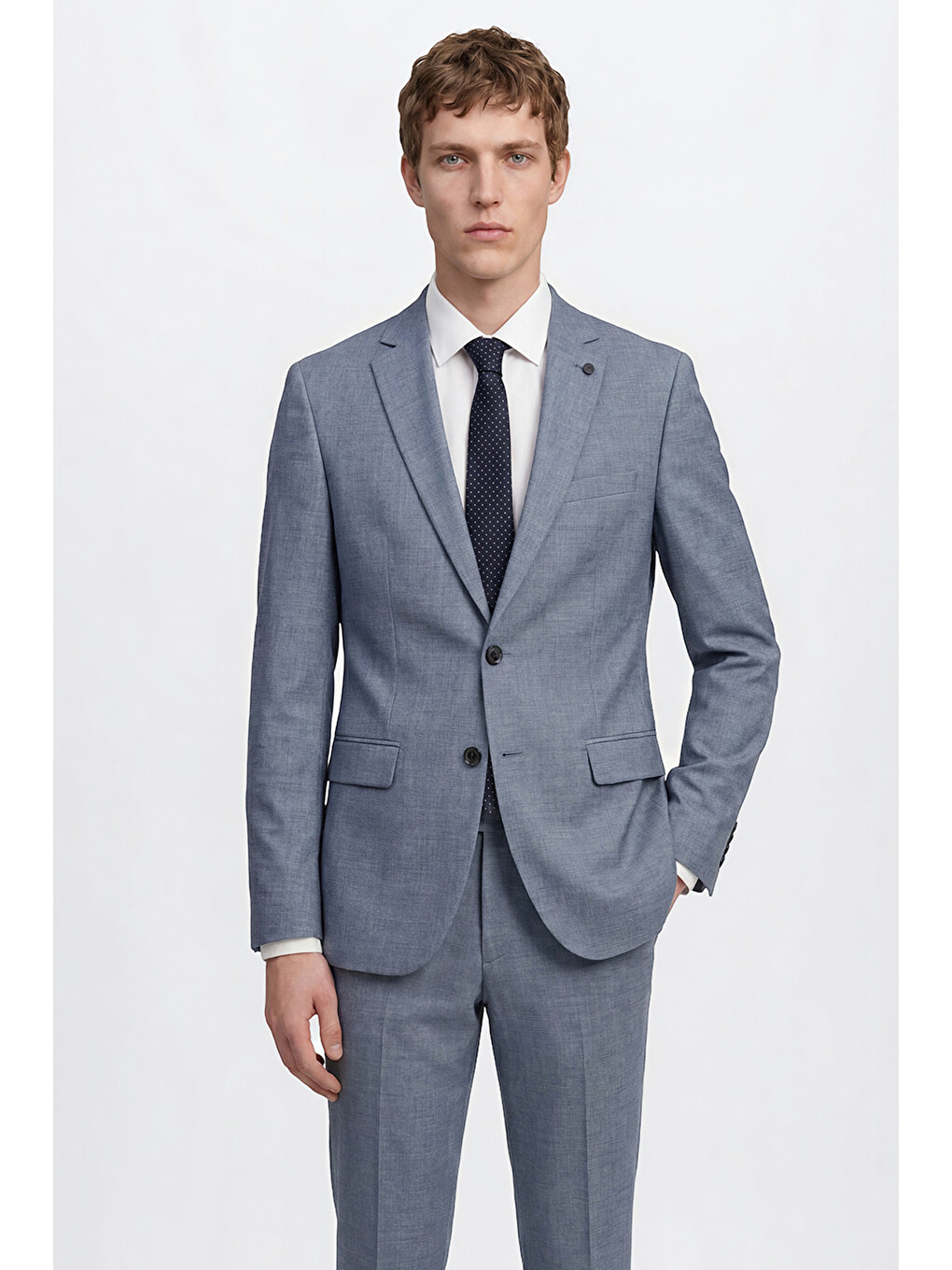 Erkek Mavi Yünlü Slim Fit Dar Kesim Kırlangıç Yaka Kapak Cepli Takım Elbise