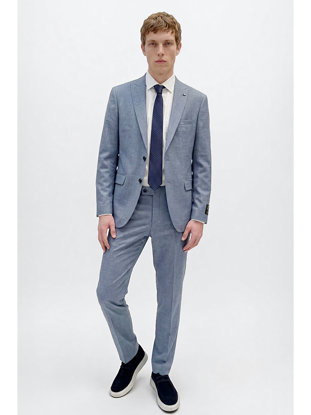 Erkek Mavi Yünlü Slim Fit Dar Kesim Kırlangıç Yaka Kapak Cepli Takım Elbise-1