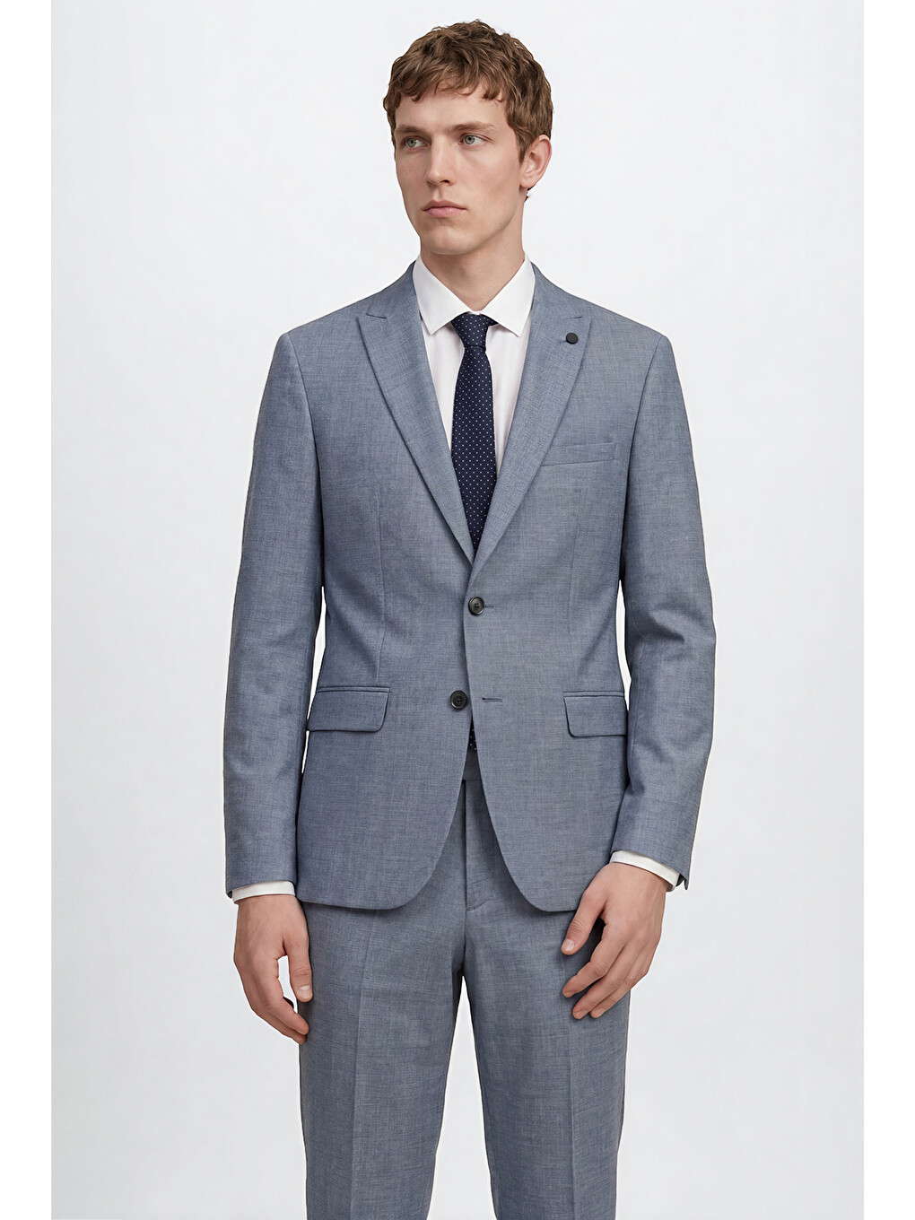 Erkek Mavi Yünlü Slim Fit Dar Kesim Kırlangıç Yaka Kapak Cepli Takım Elbise-2