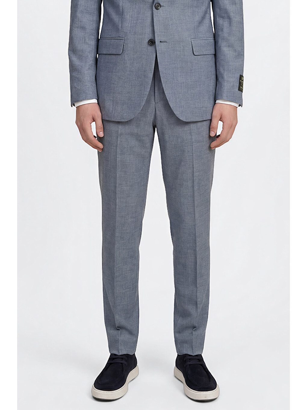 Erkek Mavi Yünlü Slim Fit Dar Kesim Kırlangıç Yaka Kapak Cepli Takım Elbise-4