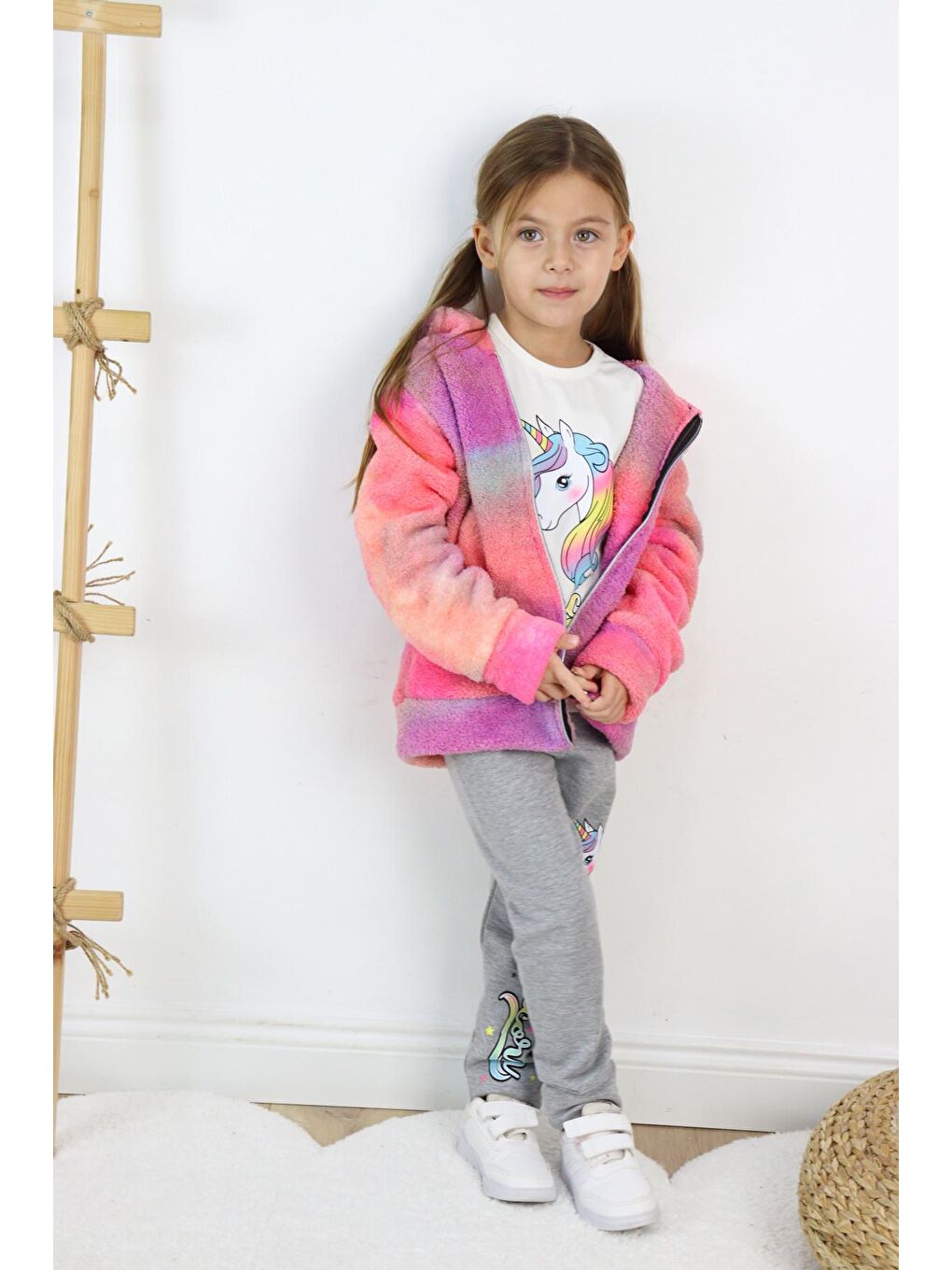 Beyaz Kız Çocuk Pelüş Hırka & Tişört & Tayt 3'lü Takım-1