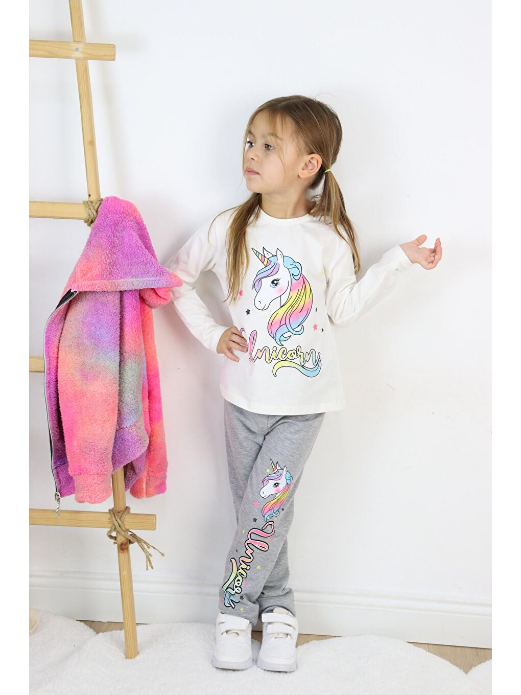 Beyaz Kız Çocuk Pelüş Hırka & Tişört & Tayt 3'lü Takım-2