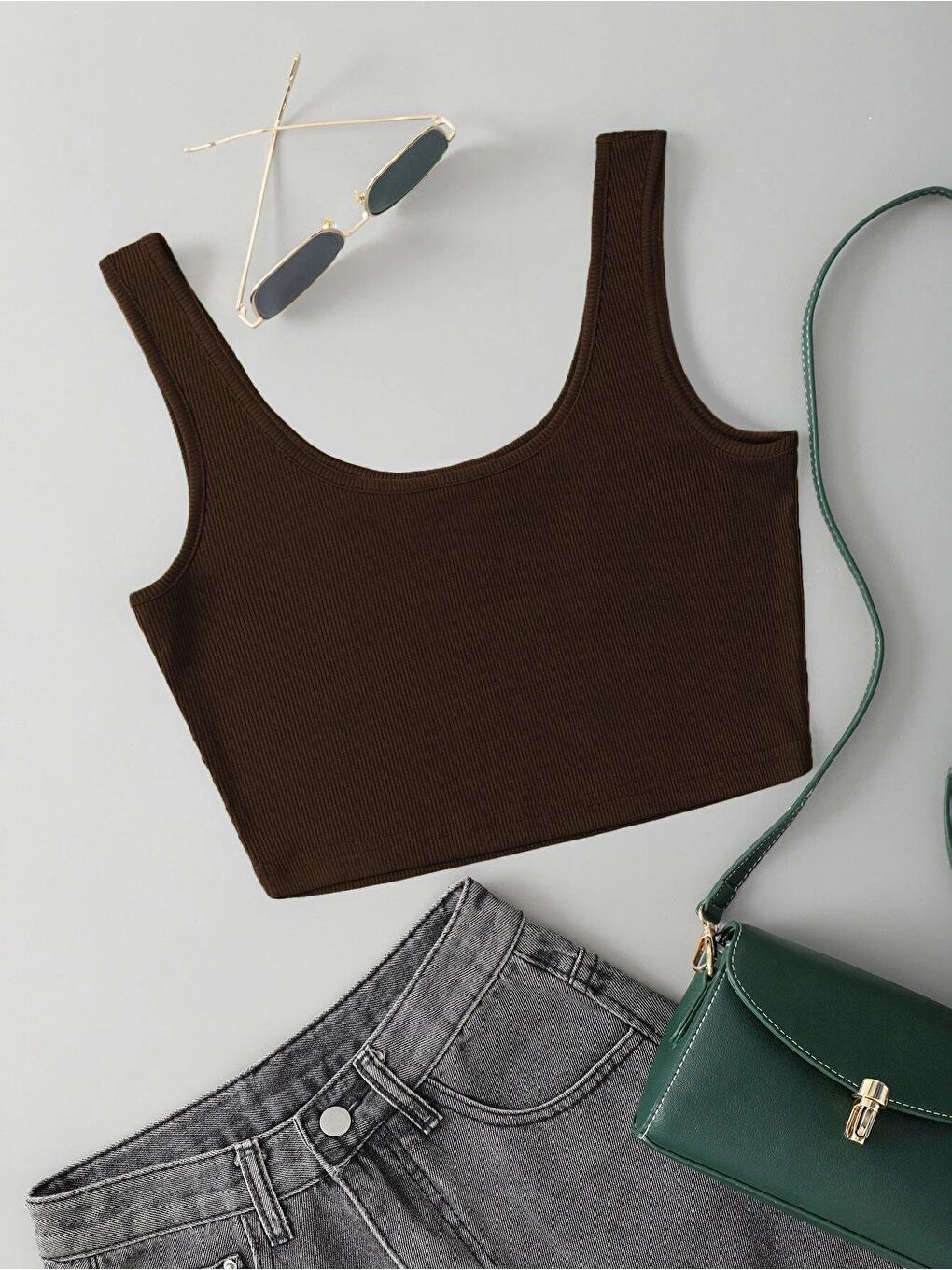 Kadın Kahverengi Askılı Crop Top Bluz