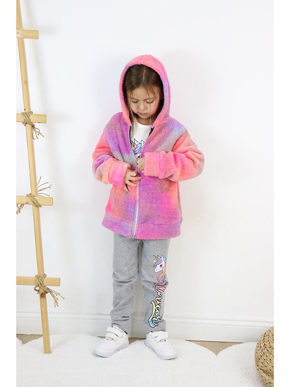 Beyaz Kız Çocuk Pelüş Hırka & Tişört & Tayt 3'lü Takım-3