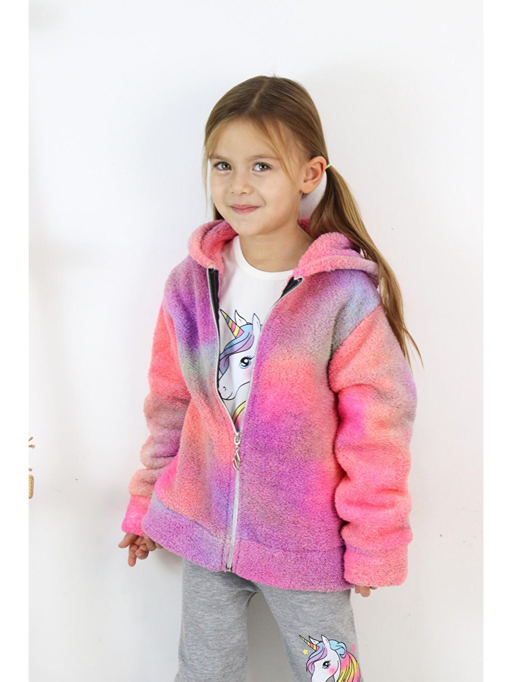 Beyaz Kız Çocuk Pelüş Hırka & Tişört & Tayt 3'lü Takım-4