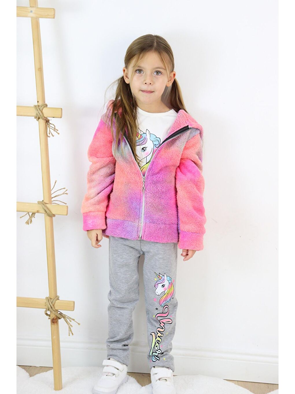 Beyaz Kız Çocuk Pelüş Hırka & Tişört & Tayt 3'lü Takım-5