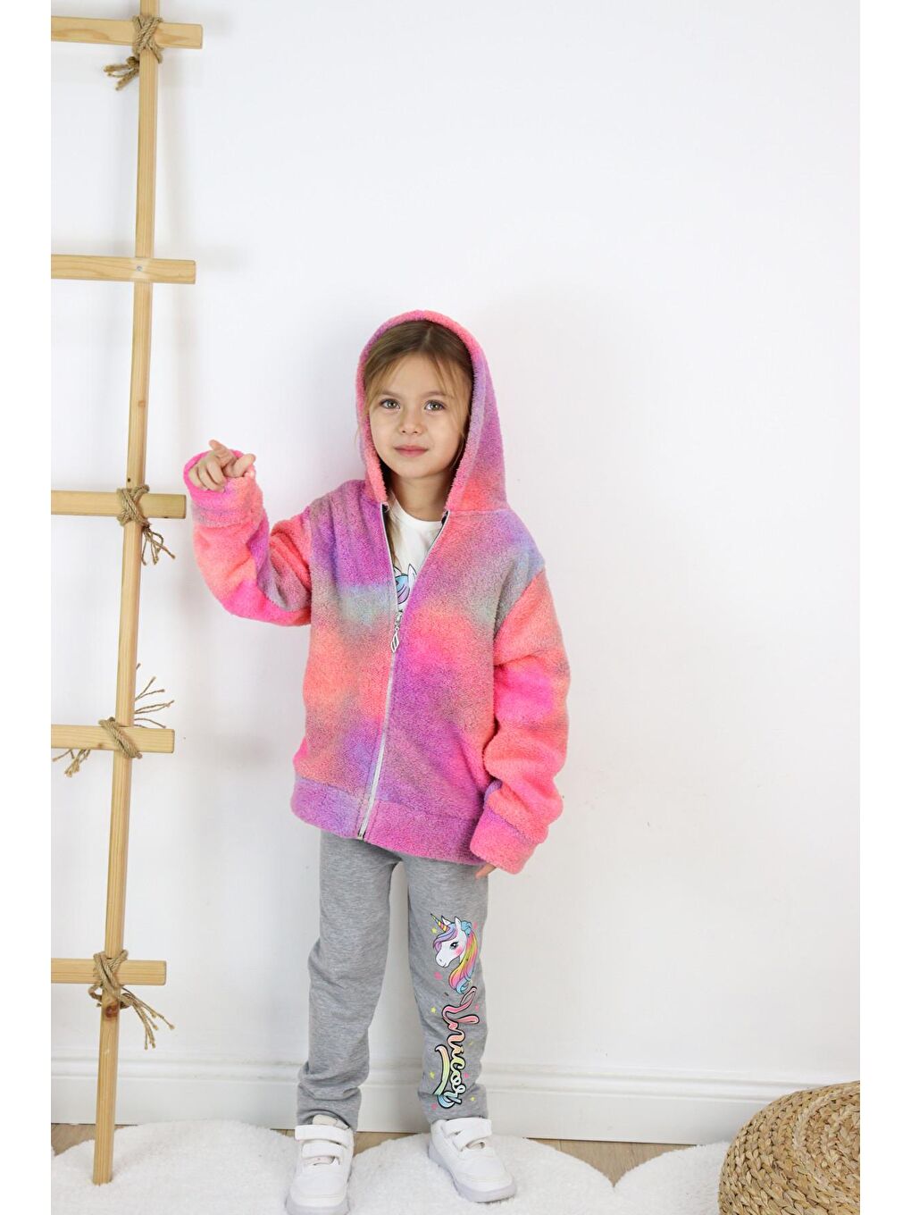 Beyaz Kız Çocuk Pelüş Hırka & Tişört & Tayt 3'lü Takım-6