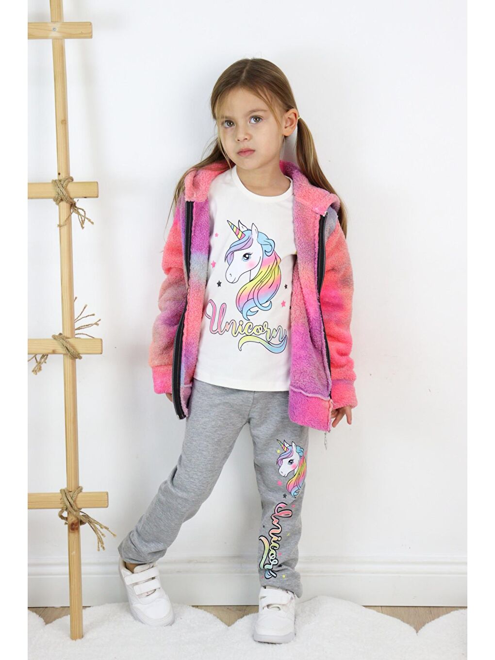 Beyaz Kız Çocuk Pelüş Hırka & Tişört & Tayt 3'lü Takım-7