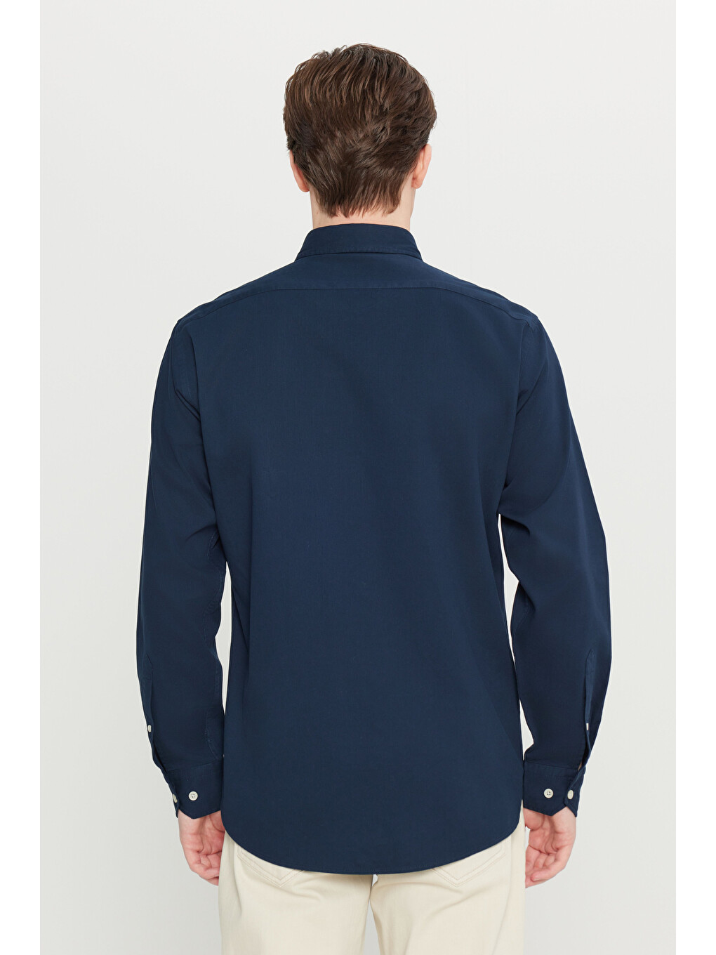 Erkek Lacivert Comfort Fit Rahat Kesim Düğmeli Yaka Kadife Gömlek-4