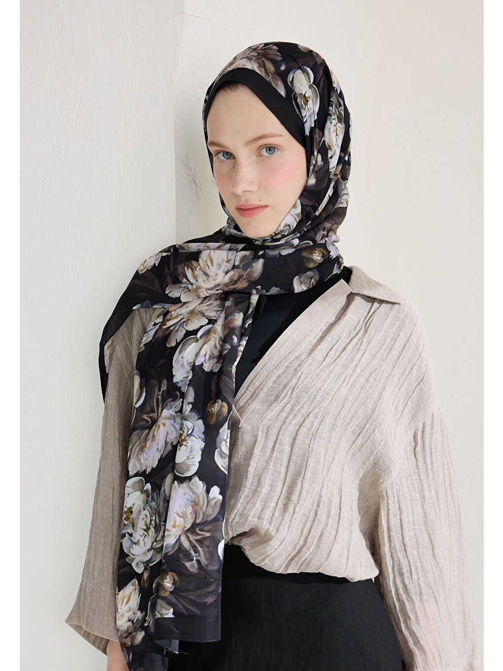 Bej Lotus Floş Viskon Şal Vizon-2