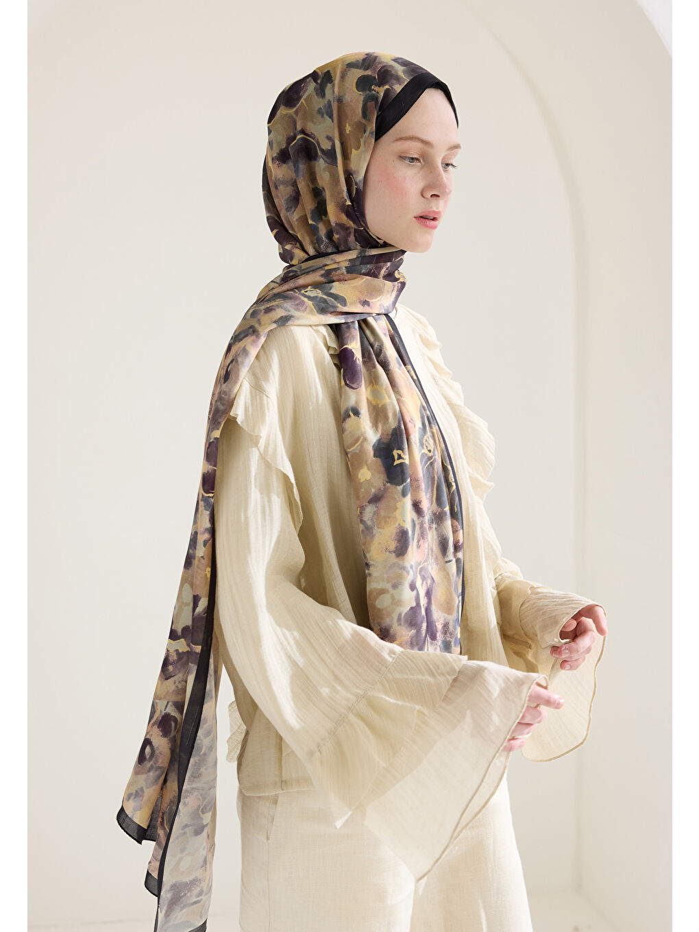 Bej Hıbıscus Beauty Floş Viskon Şal Vizon-1