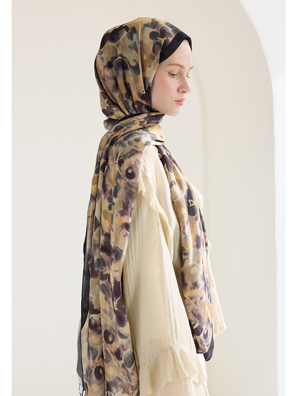 Bej Hıbıscus Beauty Floş Viskon Şal Vizon-2