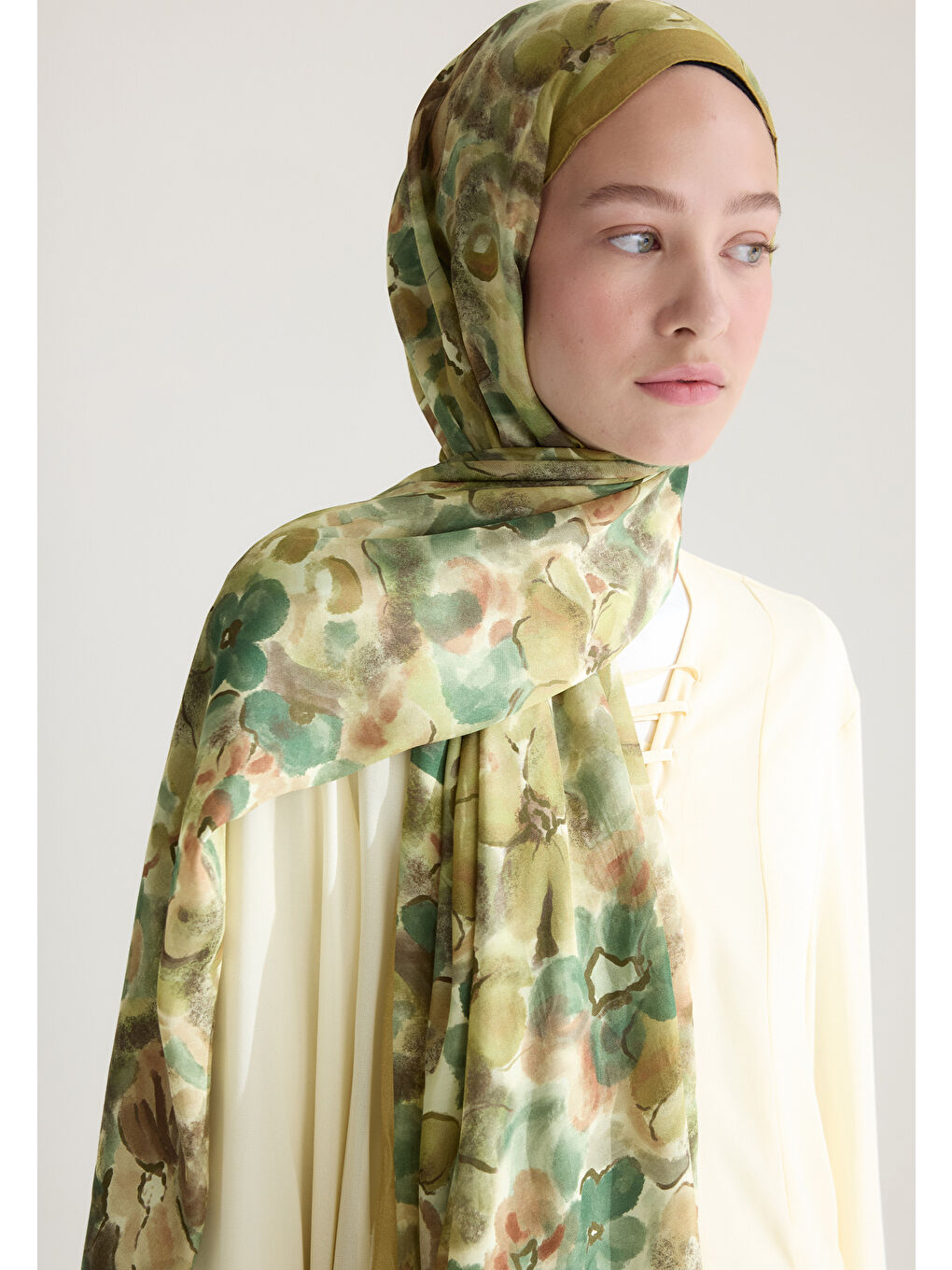 Kahverengi Hıbıscus Beauty Floş Viskon Şal Hardal-3