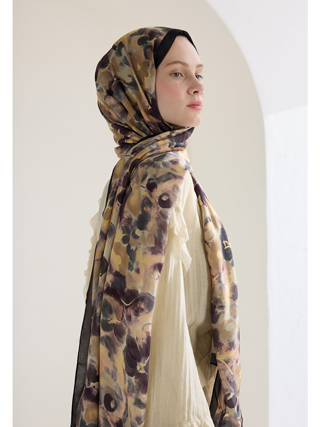 Bej Hıbıscus Beauty Floş Viskon Şal Vizon-3