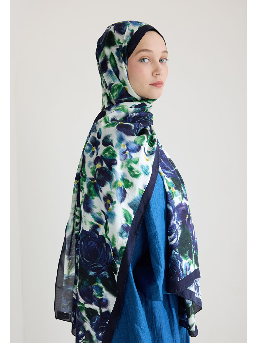 Dark Rose Floş Viskon Şal Gece Mavisi-1