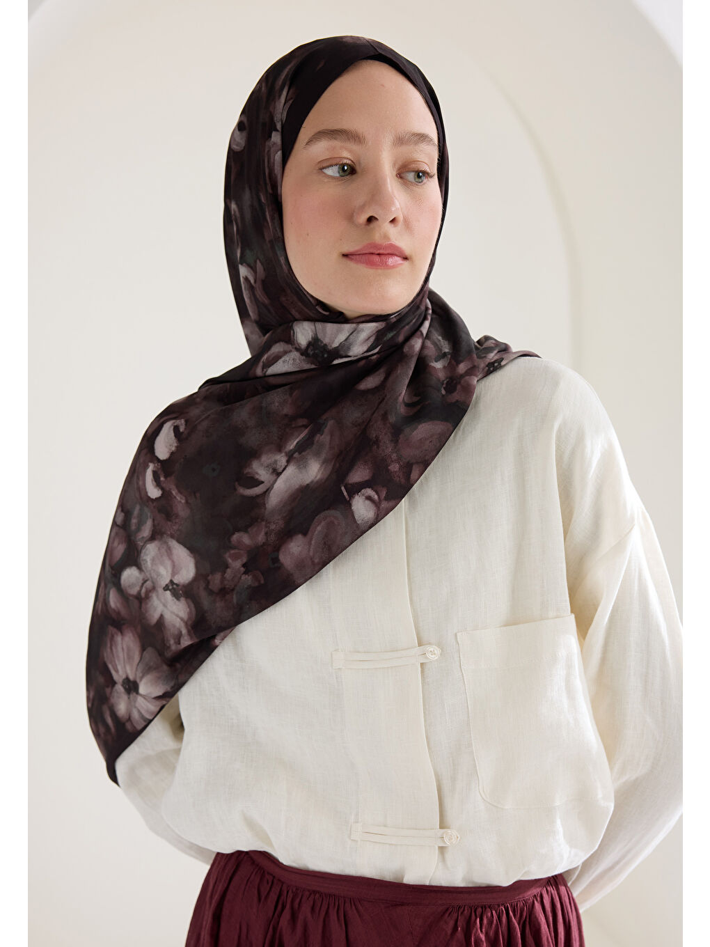 Kahverengi Hıbıscus Beauty Floş Viskon Şal Kahve-1